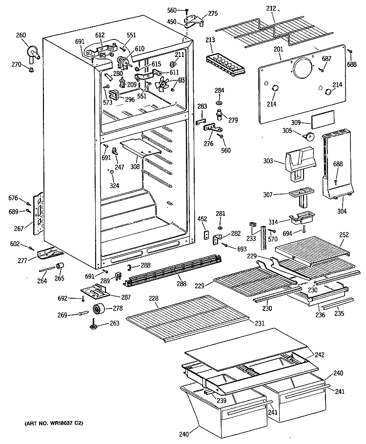 Section Diagram and Parts List for TBE16DASJRAD  General Electric Refrigerator