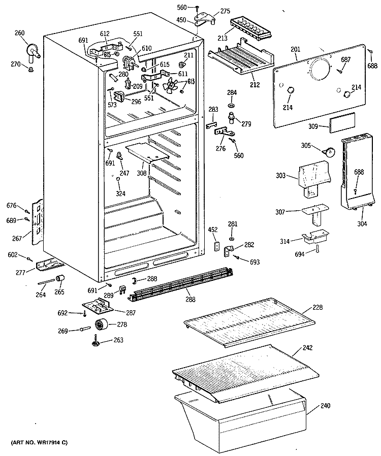Section Diagram and Parts List for TBE16SASJRWH  General Electric Refrigerator