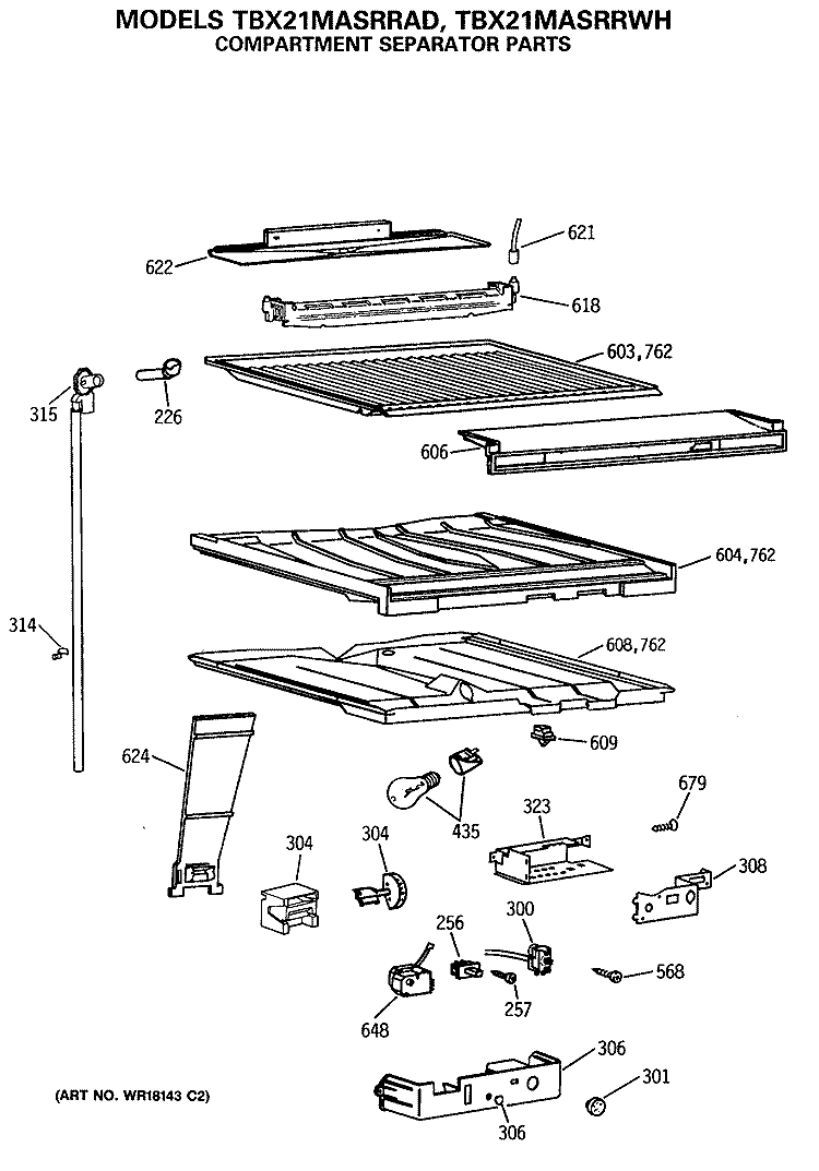 COMPARTMENT SEPARATOR PARTS Diagram and Parts List for TBX21MASRRWH  General Electric Refrigerator