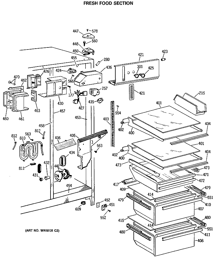 FRESH FOOD SECTION Diagram and Parts List for TFG22ZRSMWH  General Electric Refrigerator