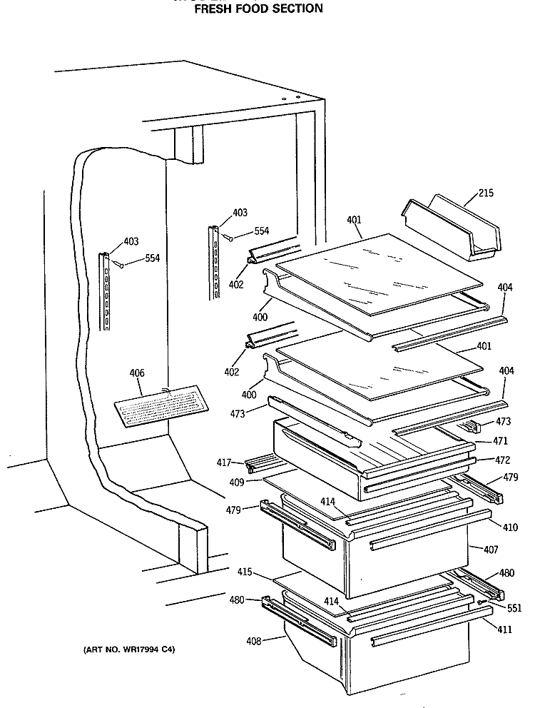 FRESH FOOD SECTION Diagram and Parts List for TFG24ZESMWH  General Electric Refrigerator