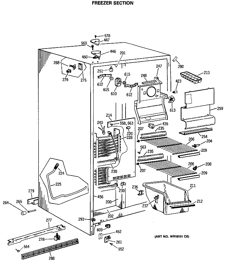 FREEZER SECTION Diagram and Parts List for TFG24ZASMWH  General Electric Refrigerator