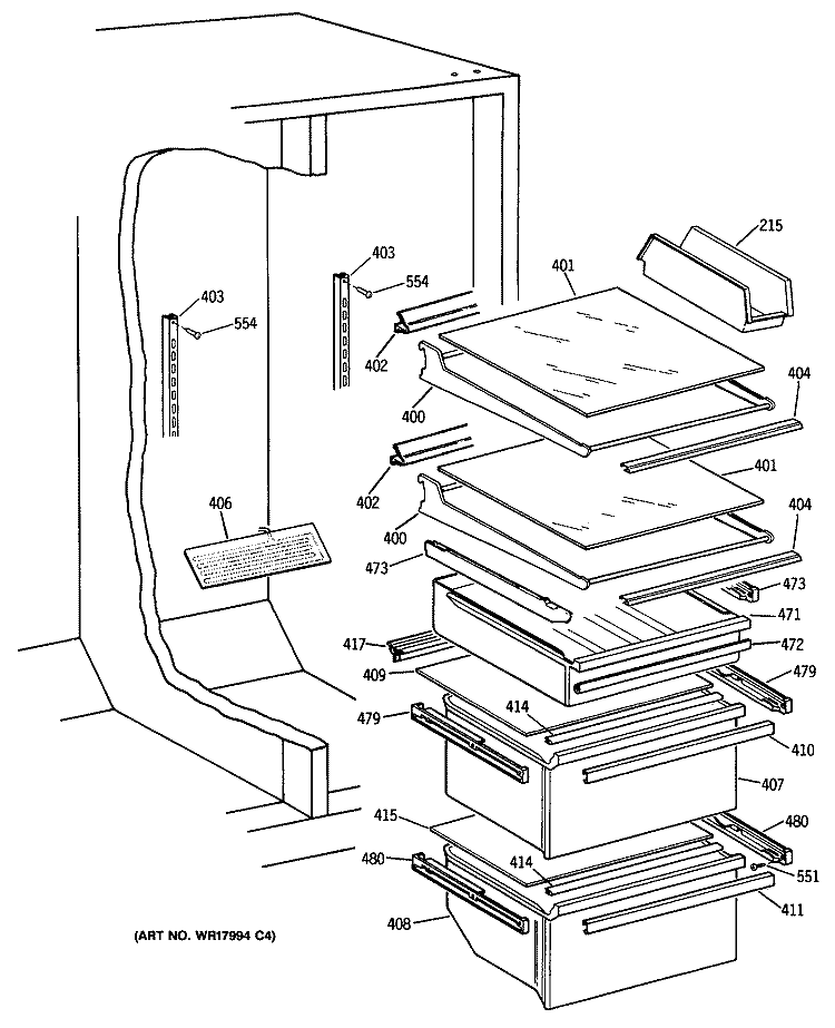 Section Diagram and Parts List for TFG24ZFSMWH  General Electric Refrigerator