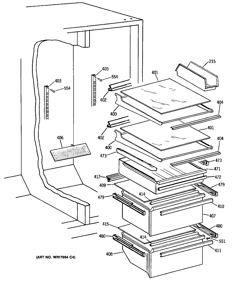 Section Diagram and Parts List for TFG24ZRSMWH  General Electric Refrigerator