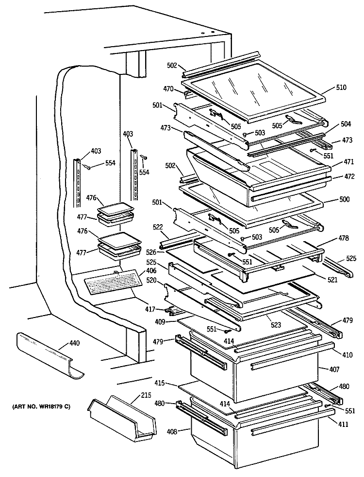 Section Diagram and Parts List for TFG27PFSMAA  General Electric Refrigerator
