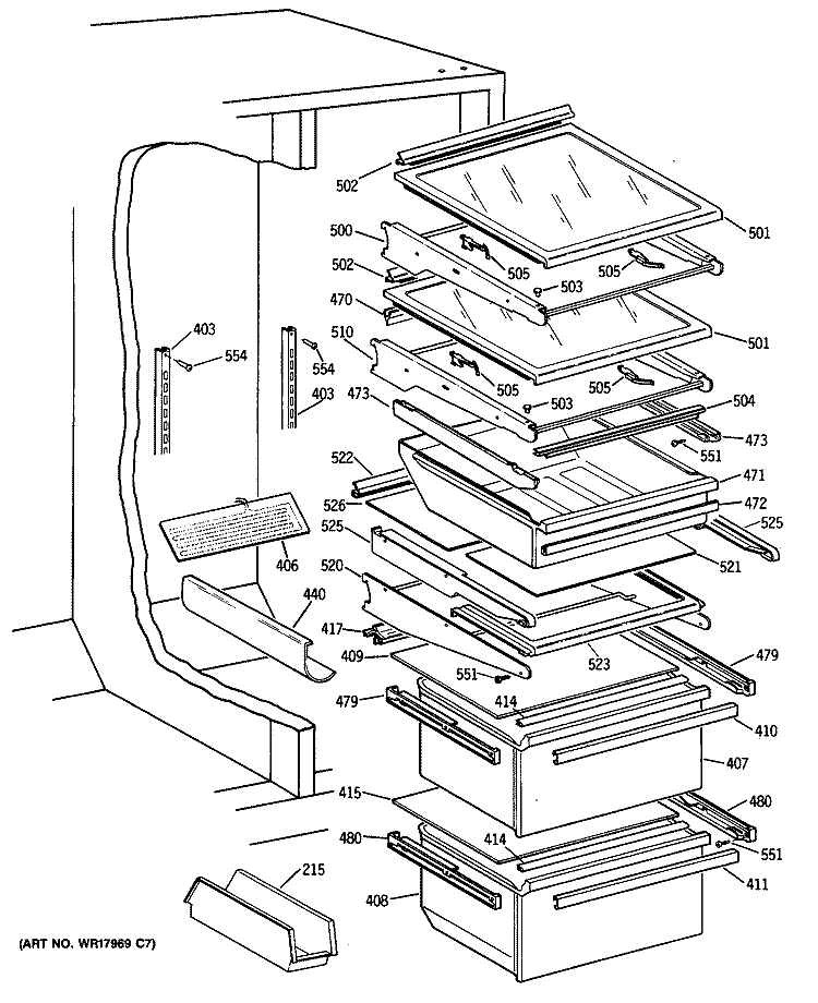 Section Diagram and Parts List for TFG27PRSMWW  General Electric Refrigerator