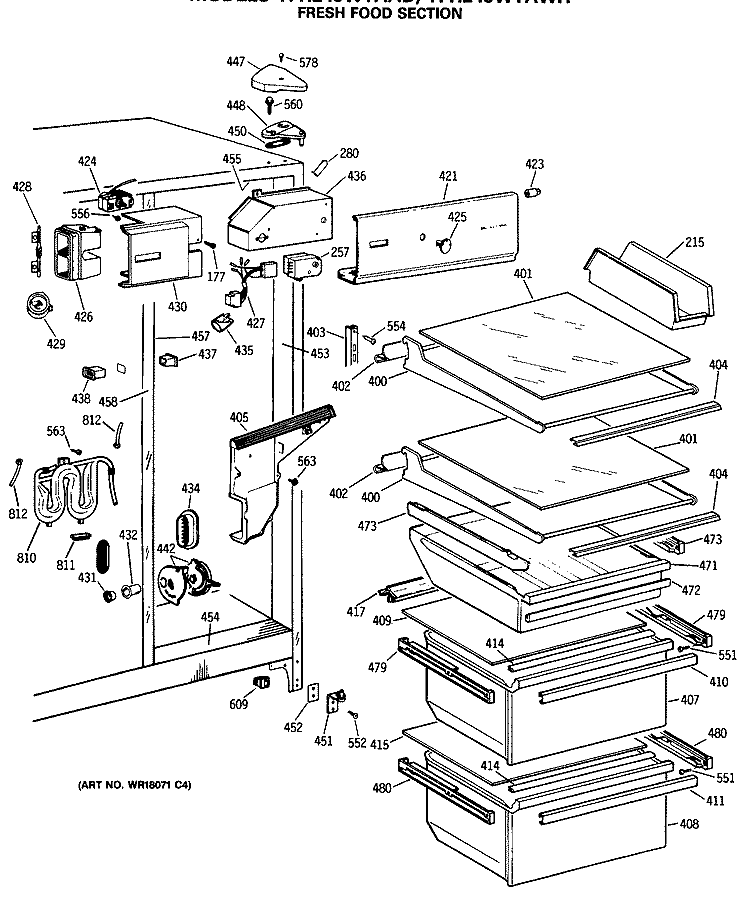 FRESH FOOD SECTION Diagram and Parts List for TFH24JWTAWH  General Electric Refrigerator