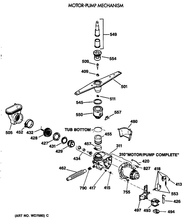 MOTOR - PUMP MECHANISM Diagram and Parts List for GSD730T-62WW  General Electric Dishwasher