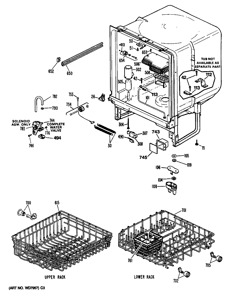 Section Diagram and Parts List for LUD3100V57WB  General Electric Dishwasher