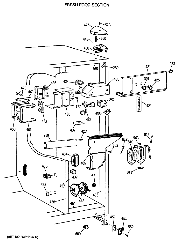 FRESH FOOD SECTION Diagram and Parts List for TFG24PETCWH  General Electric Refrigerator