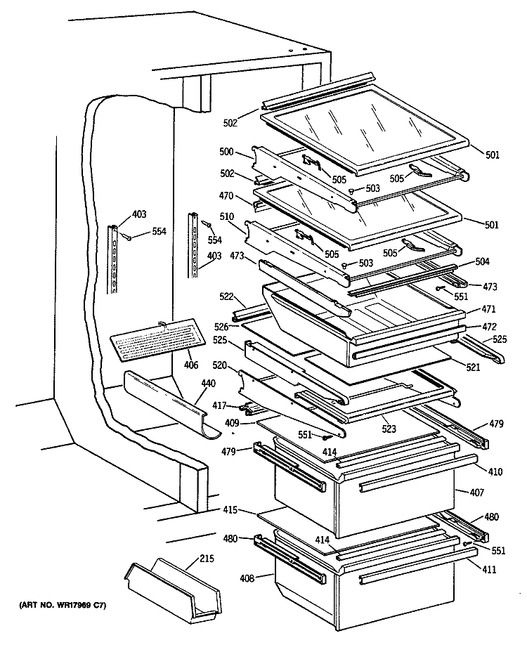 Section Diagram and Parts List for TFG24PETCWH  General Electric Refrigerator