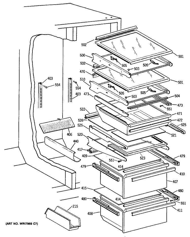 Section Diagram and Parts List for TFG24PRTCBB  General Electric Refrigerator