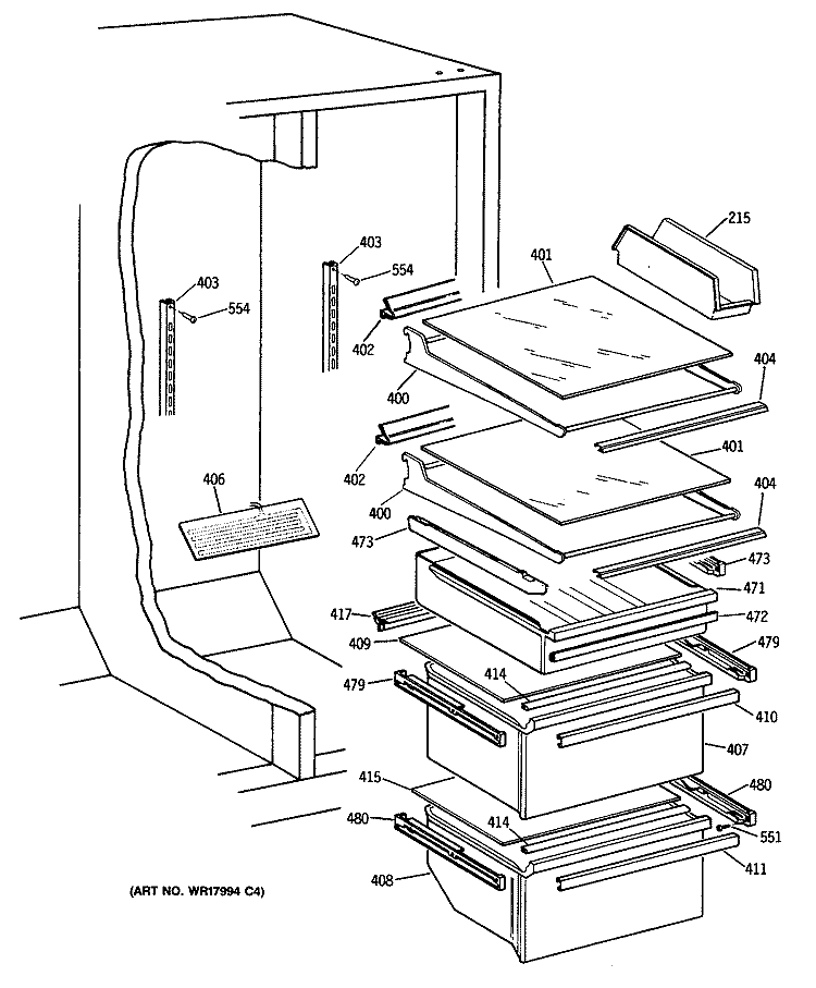 Section Diagram and Parts List for TFG24ZRTCWH  General Electric Refrigerator