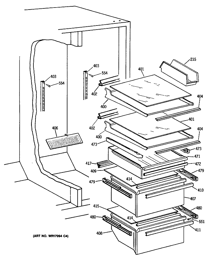 Section Diagram and Parts List for TFG24ZFTCWH  General Electric Refrigerator