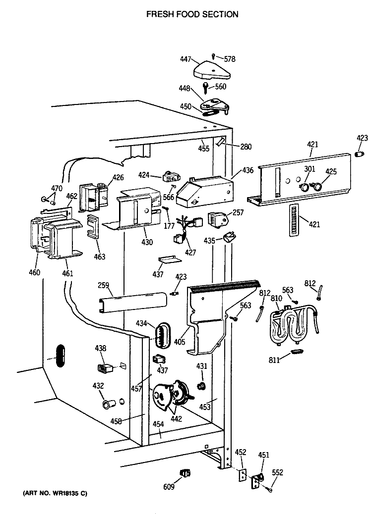 FRESH FOOD SECTION Diagram and Parts List for TFG27ZFTCWH  General Electric Refrigerator