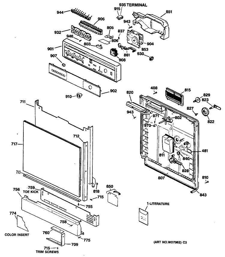 Section Diagram and Parts List for GSD730T-60WW  General Electric Dishwasher