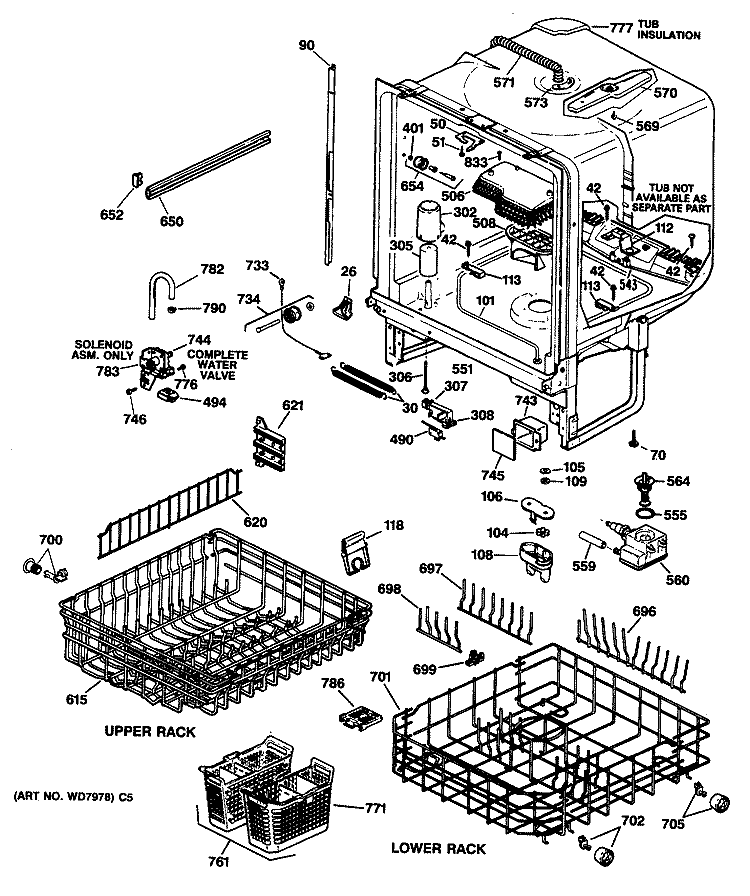Section Diagram and Parts List for ZBD3000V65WW  General Electric Dishwasher