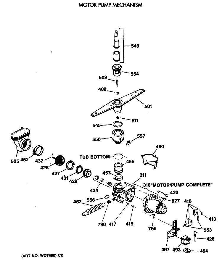 MOTOR PUMP MECHANISM Diagram and Parts List for GSD500X-66BA  General Electric Dishwasher