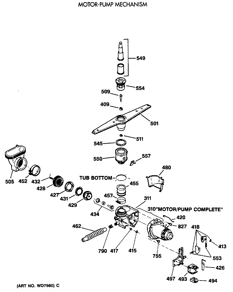 MOTOR - PUMP MECHANISM Diagram and Parts List for GSD950X-66  General Electric Dishwasher