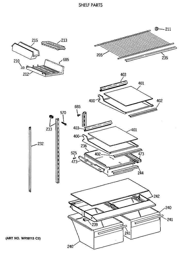 SHELF PARTS Diagram and Parts List for TBE18JASTRWH  General Electric Refrigerator