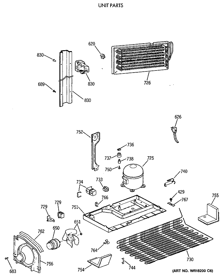 UNIT PARTS Diagram and Parts List for TBE18JASTRWH  General Electric Refrigerator
