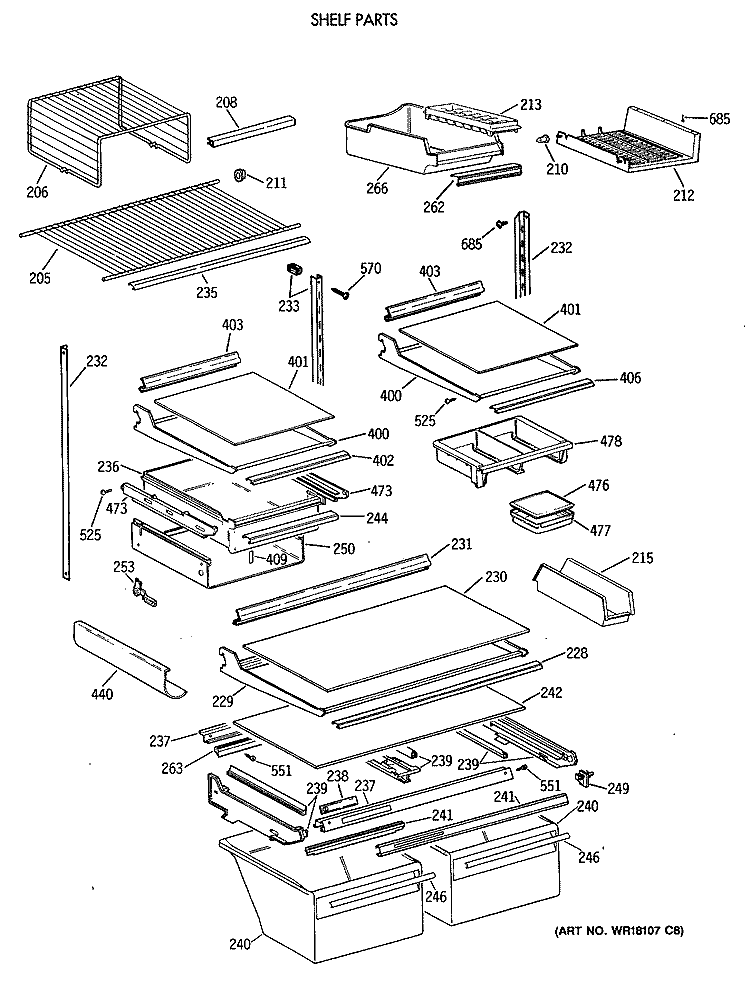 SHELF PARTS Diagram and Parts List for TBE22PASRRAA  General Electric Refrigerator