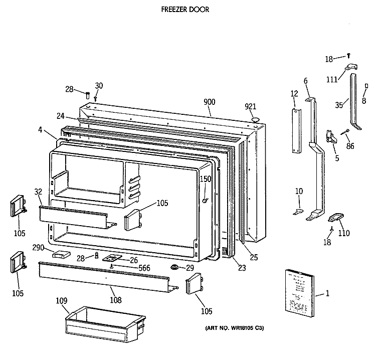 FREEZER DOOR Diagram and Parts List for TBE19PATMRAA  General Electric Refrigerator