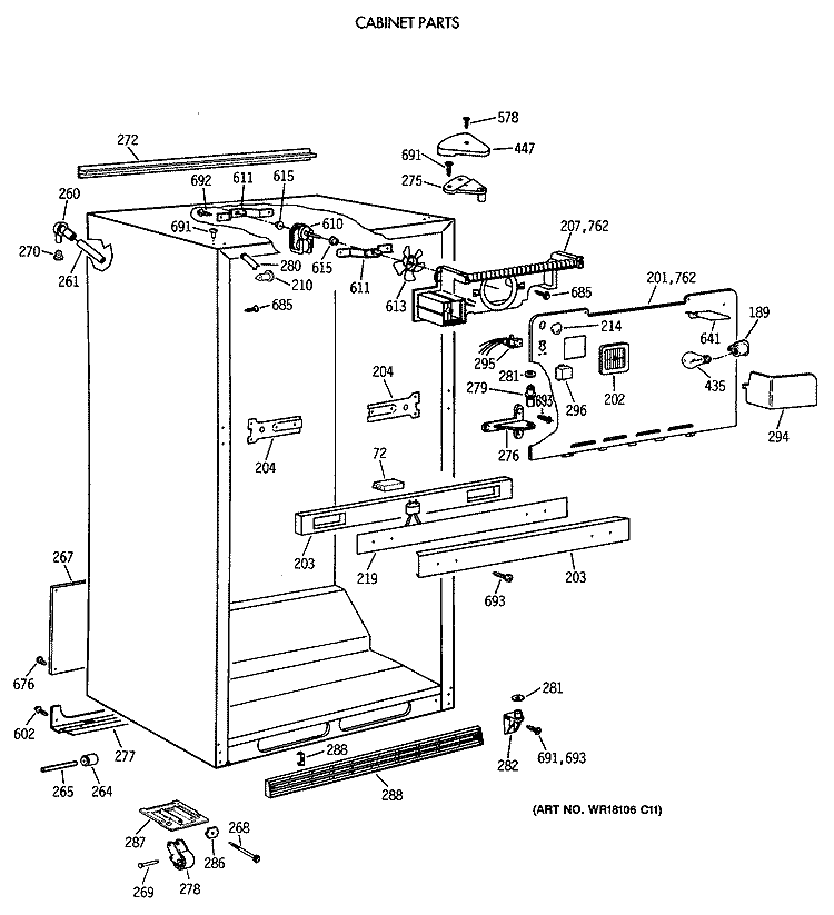 CABINET PARTS Diagram and Parts List for TBE19PATMRAA  General Electric Refrigerator