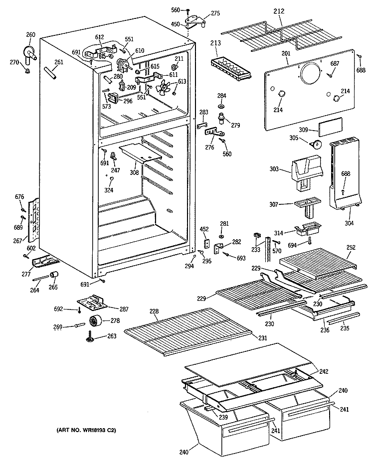 Section Diagram and Parts List for TBE14DATBRWH  General Electric Refrigerator