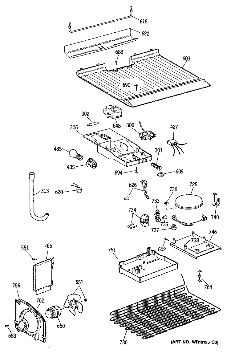 Section Diagram and Parts List for TBE14DATBRWH  General Electric Refrigerator
