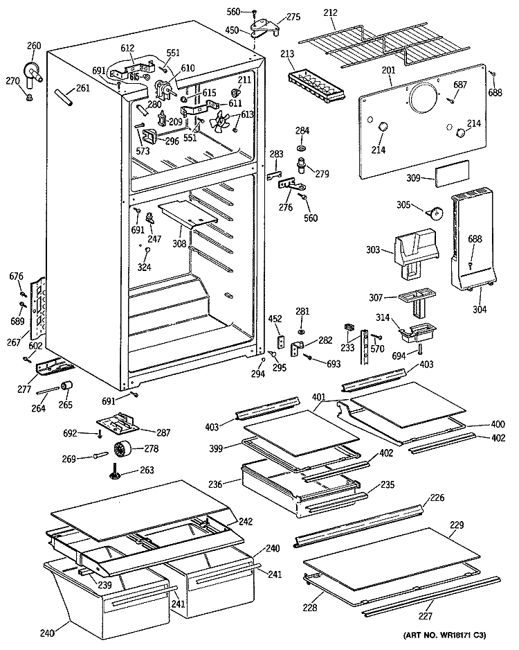 Section Diagram and Parts List for TBE16JATBRAD  General Electric Refrigerator