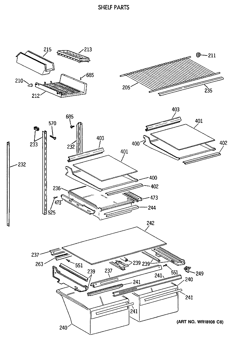 SHELF PARTS Diagram and Parts List for TBE21JATMRAD  General Electric Refrigerator