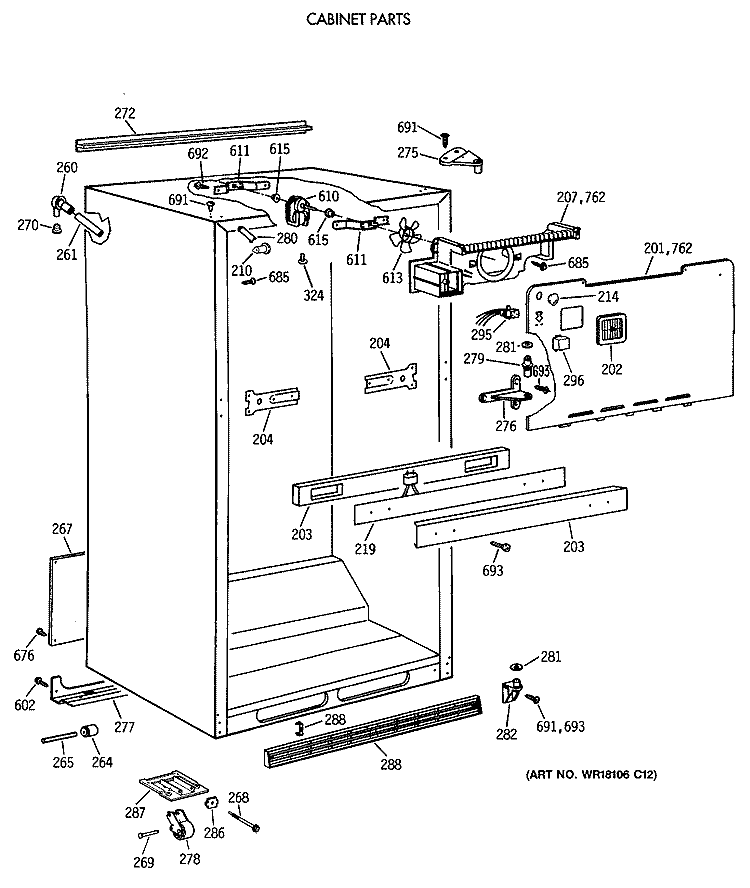 CABINET PARTS Diagram and Parts List for TBE21DATNRWH  General Electric Refrigerator