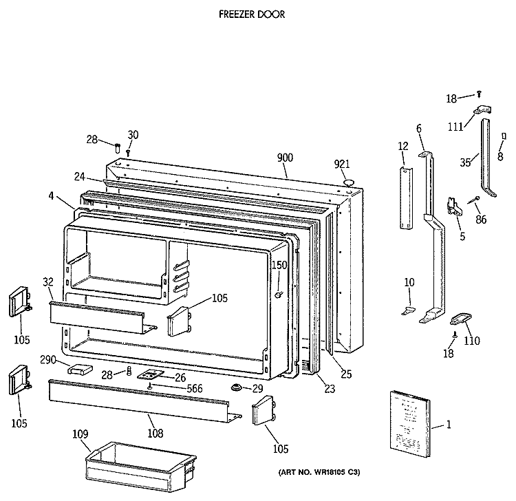 FREEER DOOR Diagram and Parts List for TBE22PATMRAA  General Electric Refrigerator