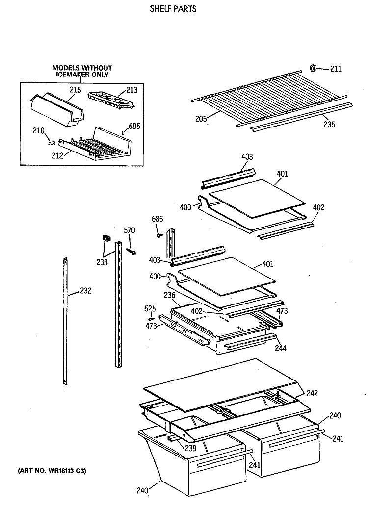 SHELF PARTS Diagram and Parts List for TBH18JATFRWH  General Electric Refrigerator