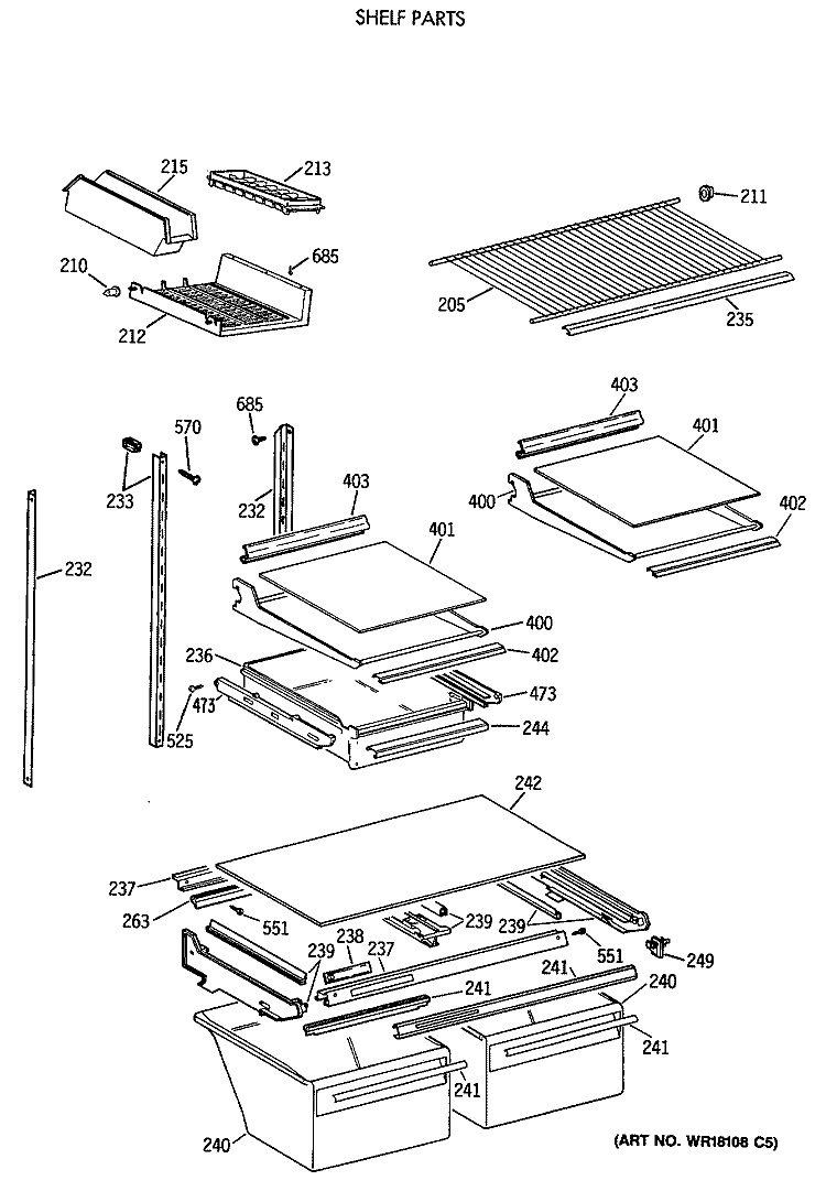 SHELF PARTS Diagram and Parts List for TBT21JATERAD  General Electric Refrigerator