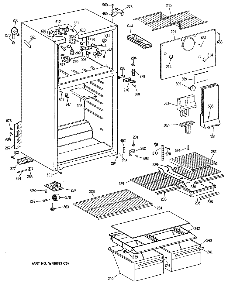 Section Diagram and Parts List for TBX14DATDRWH  General Electric Refrigerator