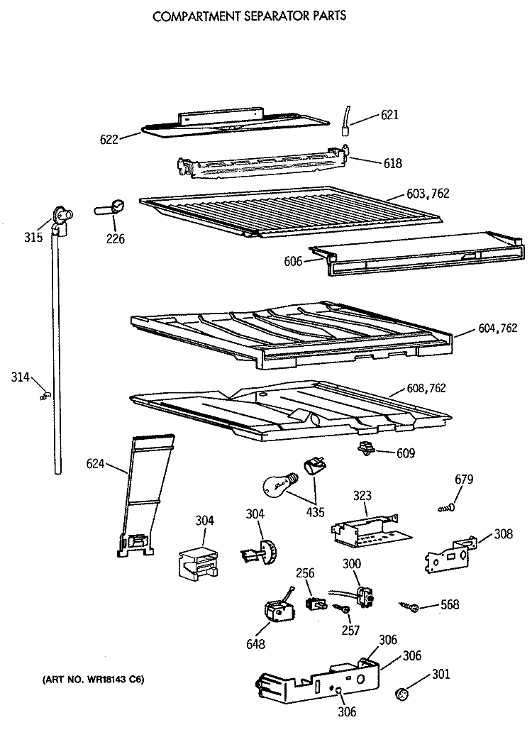 COMPARTMENT SEPARATOR PARTS Diagram and Parts List for TBX21NITMRAD  General Electric Refrigerator