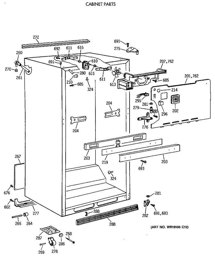 CABINET PARTS Diagram and Parts List for TBE18DATNRAD  General Electric Refrigerator