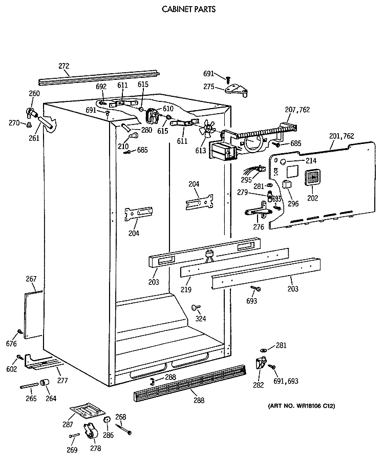 CABINET PARTS Diagram and Parts List for TBE18JATNRWH  General Electric Refrigerator