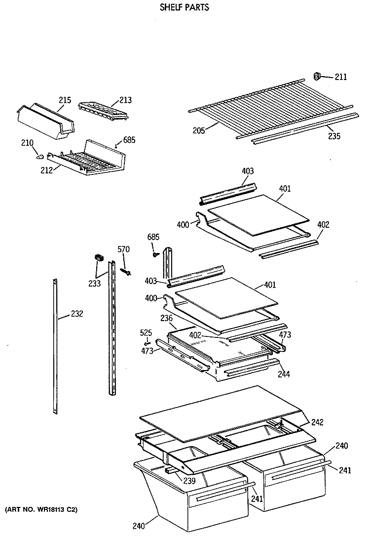 SHELF PARTS Diagram and Parts List for TBE18JATNRWH  General Electric Refrigerator