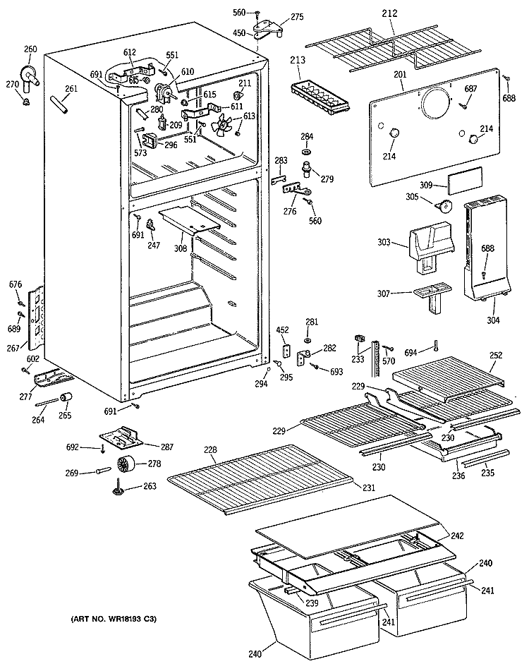Section Diagram and Parts List for TBE14DATDRWH  General Electric Refrigerator