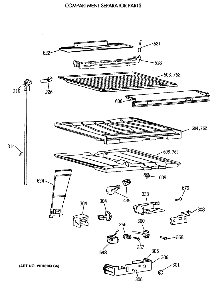 COMPARTMENT SEPARATOR PARTS Diagram and Parts List for TBX18JISYRWH  General Electric Refrigerator