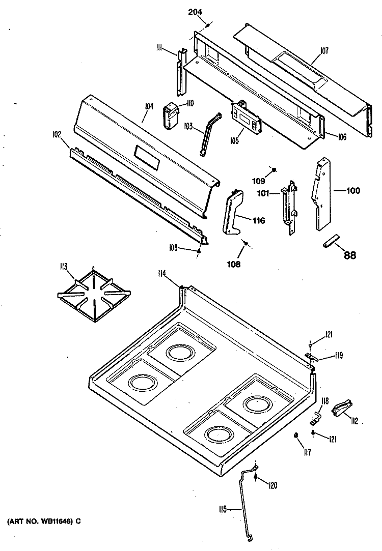 Section Diagram and Parts List for JGBC17EV1WH  General Electric Range