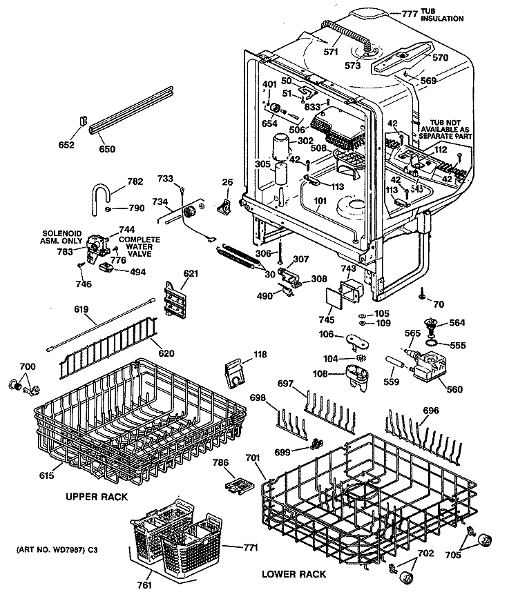 Section Diagram and Parts List for ZBD3000V64WW  General Electric Dishwasher