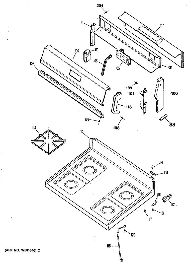 Section Diagram and Parts List for JGBC20GEV1WH  General Electric Range