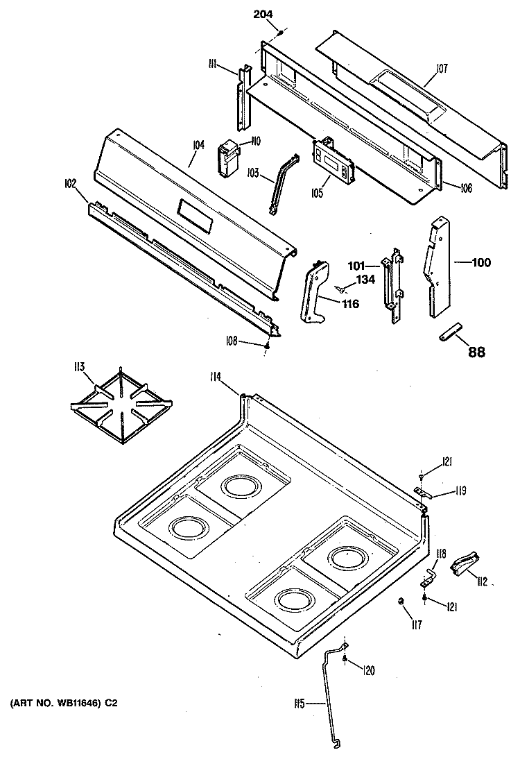 Section Diagram and Parts List for JGBC20GEV2WH  General Electric Range