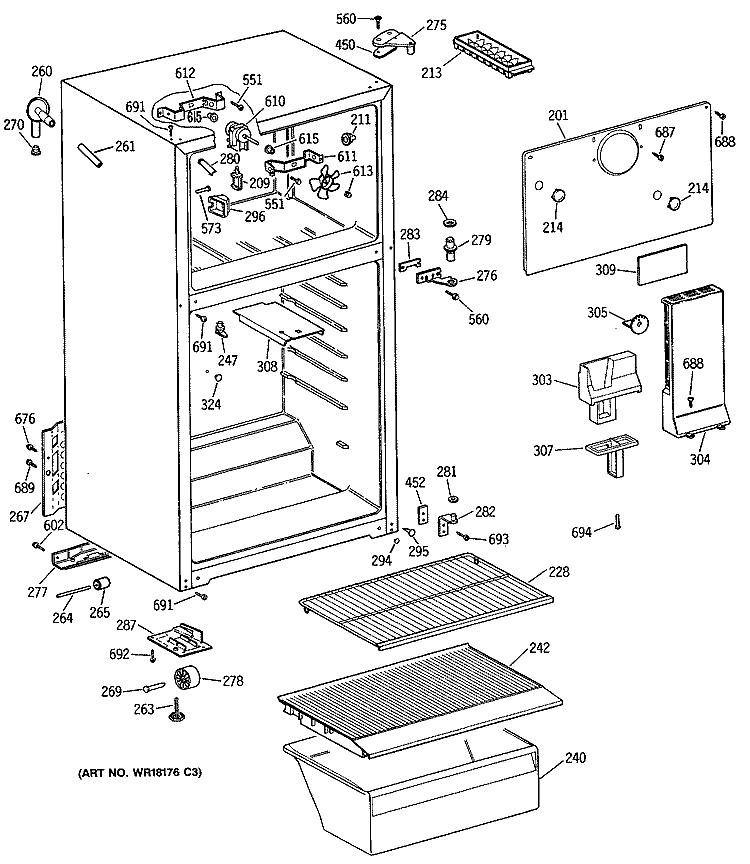 Section Diagram and Parts List for TBX14AYTGRWH  General Electric Refrigerator