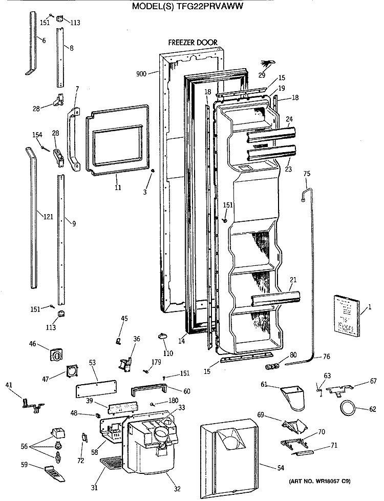 FREEZER DOOR Diagram and Parts List for TFG22PRVAWW  General Electric Refrigerator