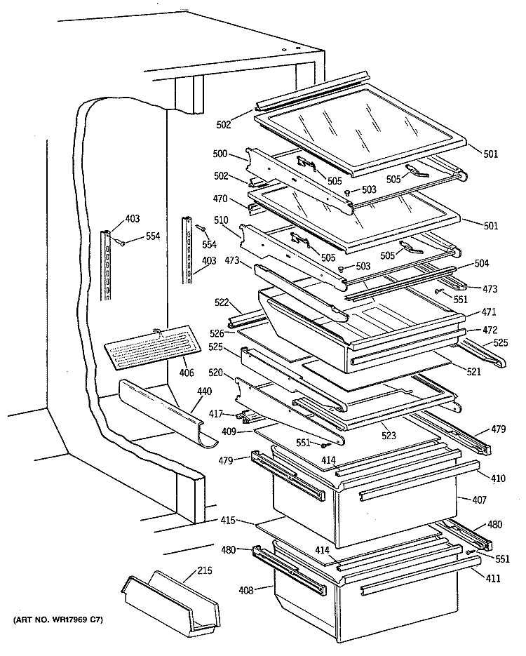 Section Diagram and Parts List for TFG22PRVAWW  General Electric Refrigerator
